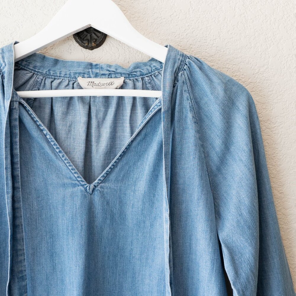 Madewell Chambray Top XS Blue Cotton Lyocell Tie Neck Boho Lightweight Blouse - Picture 4 of 12